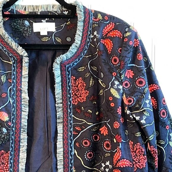 Loft Floral Strawberry Primavera Fringe Trimmed Open, Front Jacket Size 6 - Picture 5 of 10